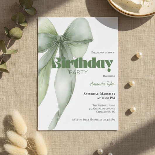 Sage Green Watercolor Bow Birthday  Einladung