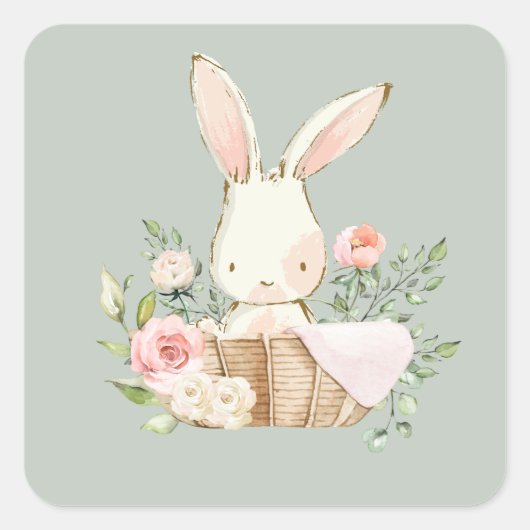 Sage Green Watercolor Bunny Rabbit Quadratischer Aufkleber (Vorderseite)