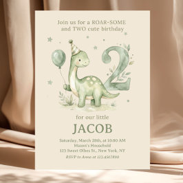 Sage Green Watercolor Dino 2nd Birthday  Einladung