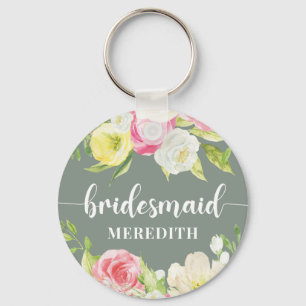 Sage Green Watercolor Floral Bridesmaid Name Schlüsselanhänger
