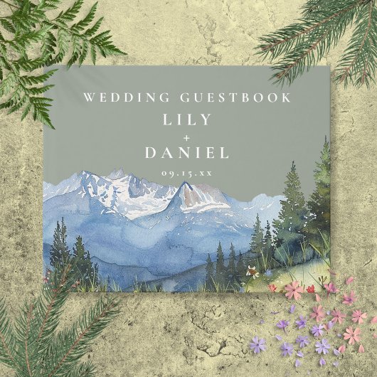 Sage Green Watercolor Mountain Wedding Foto Guest Gästebuch
