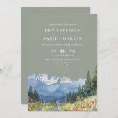 Sage Green Watercolor Mountain Wildblume Hochzeit Einladung (Vorne/Hinten)