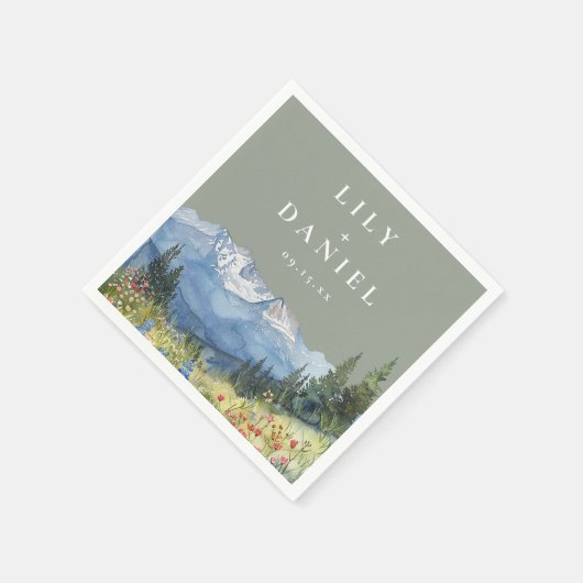 Sage Green Watercolor Mountain Wildblume Hochzeit Serviette (Ecke)
