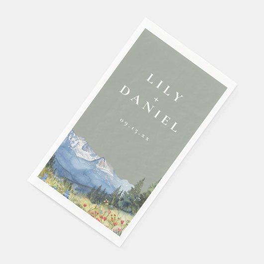 Sage Green Watercolor Mountain Wildblume Hochzeit Serviette (Ecke)