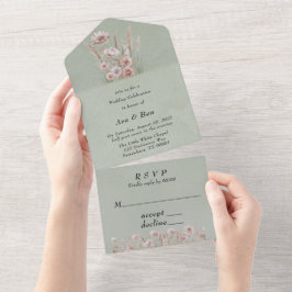 Sage Green Watercolor Pink Peony Wedding All In One Einladung