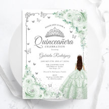 Sage Green Watercolor Rose Silver Quinceanera