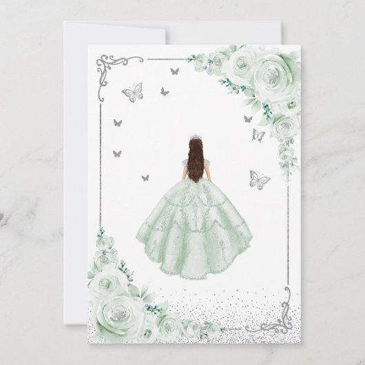 Sage Green Watercolor Rose Silver Quinceanera Einladung (Rückseite)