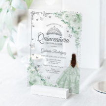 Sage Green Watercolor Roses Silver Quinceanera