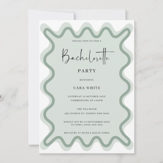 Sage Green Wavy Border Junggeselinnen-Abschied Einladung (Vorderseite)