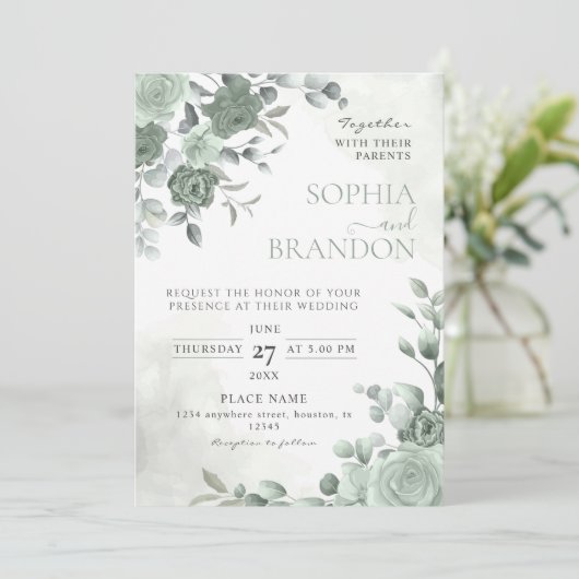 Sage Green Wedding Einladung (Stehend Vorderseite)