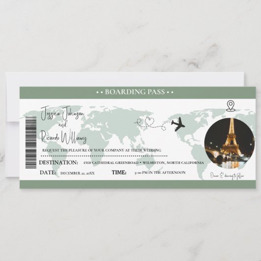 Sage Green Wedding Einladung Boarding Ticket (Vorderseite)