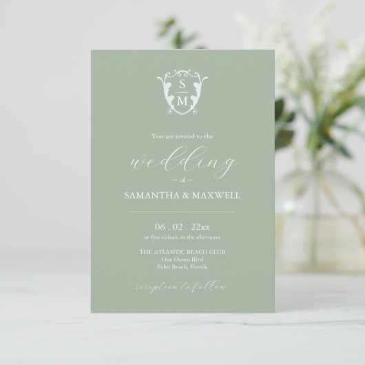 Sage Green Wedding Einladung mit QR Code (Stehend Vorderseite)