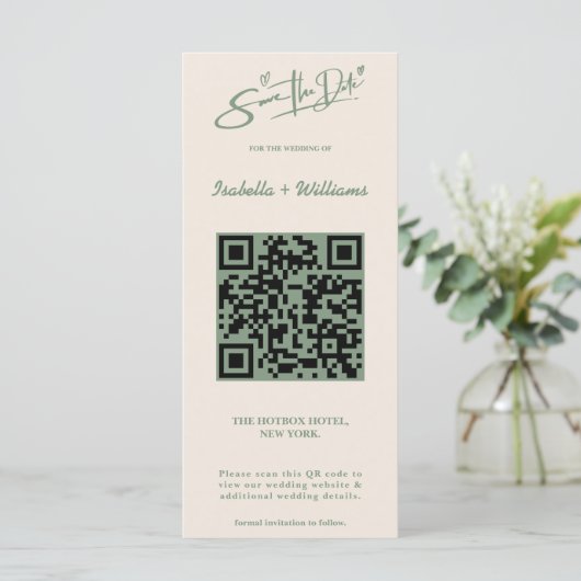 Sage Green Wedding Foto QR-Code Save the Date (Stehend Vorderseite)