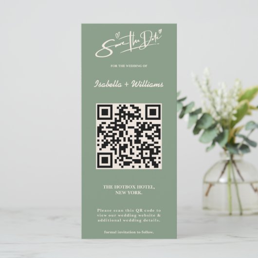 Sage Green Wedding Foto QR-Code Save the Date (Stehend Vorderseite)