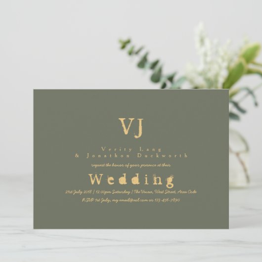 Sage Green Wedding Invitations Gold Tinte Schreibm Einladung (Stehend Vorderseite)
