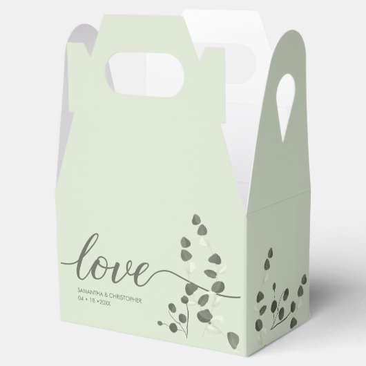 Sage green Wedding Liebe Script Eucalyptus Custom Geschenkschachtel (Geöffnet)