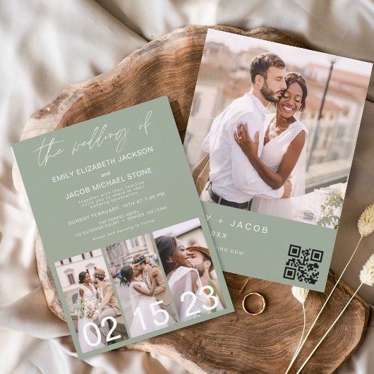 Sage Green Wedding Minimalistisch QR-Code Einladung