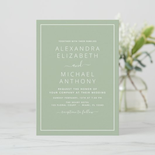 Sage Green Wedding Modern Typografy Einladung (Stehend Vorderseite)
