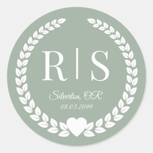 Sage Green Wedding Monogram Initials Runder Aufkleber (Vorderseite)