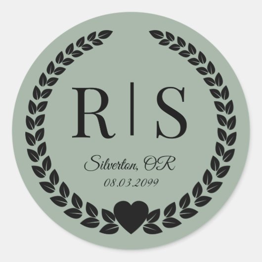 Sage Green Wedding Monogram Initials Runder Aufkleber (Vorderseite)