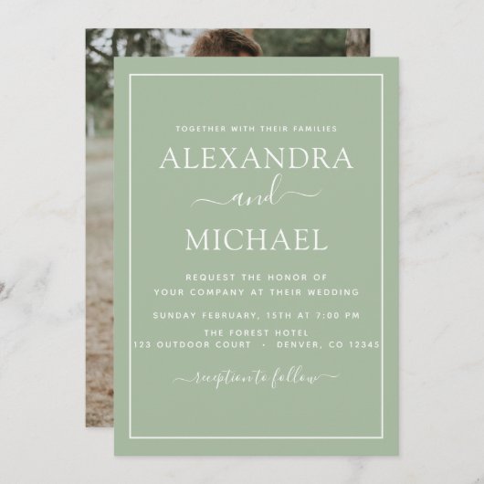 Sage Green Wedding Romantic Foto Einladung (Vorne/Hinten)