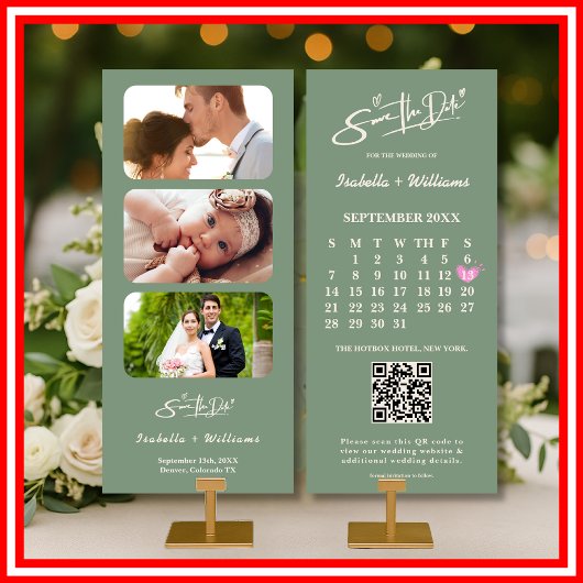 Sage Green Wedding Save the Date Calendar QR Code