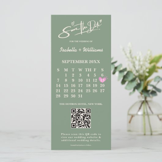 Sage Green Wedding Save the Date Calendar QR Code (Stehend Vorderseite)