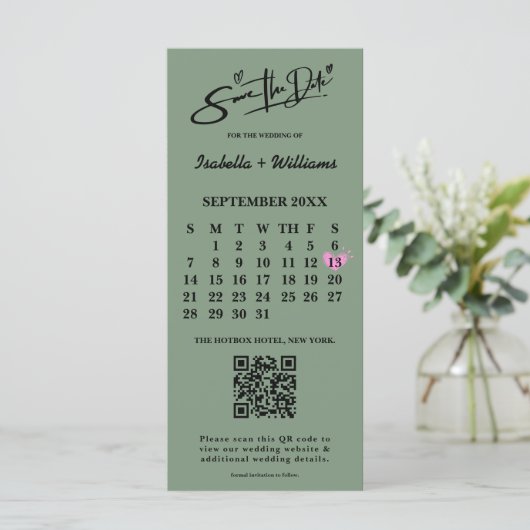Sage Green Wedding Save the Date Calendar QR Code (Stehend Vorderseite)