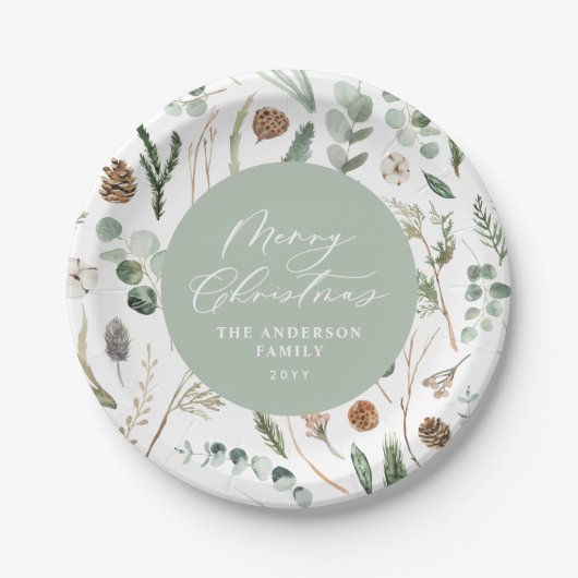 Sage Green Weihnachten minimale botanische Pappteller (Vorderseite)