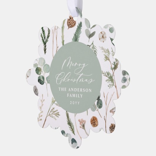 Sage green Weihnachten minimales botanisches Foto Ornament Karte (Linke Ecke)