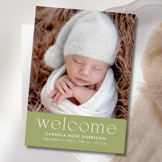 Sage Green Welcome Baby Foto Birth Ankündigung