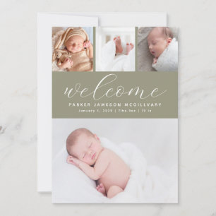 Sage Green Welcome Foto Collage Baby Birth Ankündigung
