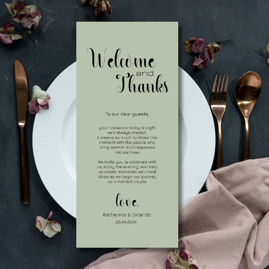 Sage Green Welcome & Thanks Place Setting Cards Programm