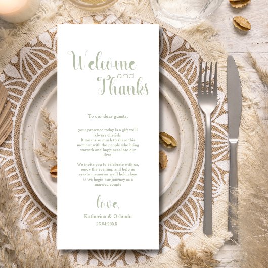 Sage Green Welcome & Thanks Place Setting Cards Programm