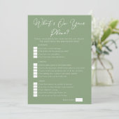 Sage Green What's On Your Phone Bridal Shower Karte (Stehend Vorderseite)