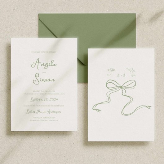 Sage Green Whimsical Bow Cherub Hochzeitseinladung Einladung