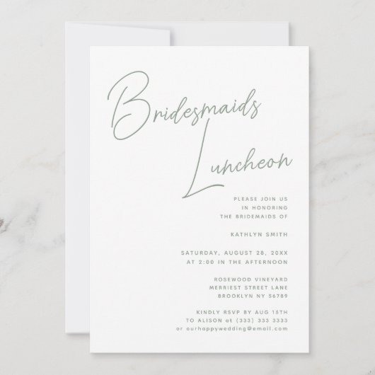 Sage Green Whimsical Script Bridesmaids Luncheon Einladung (Vorderseite)