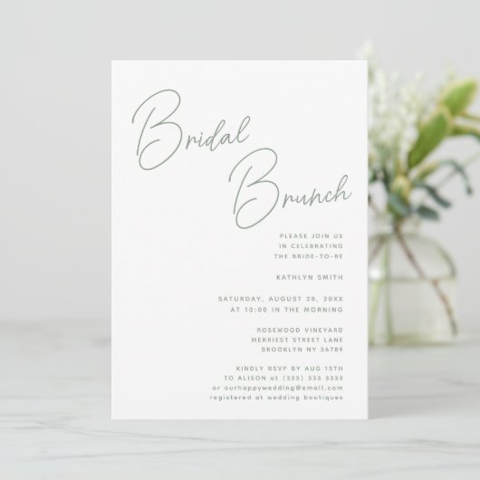 Sage Green Whimsical Script Chic Bridal Brunch Einladung (Stehend Vorderseite)