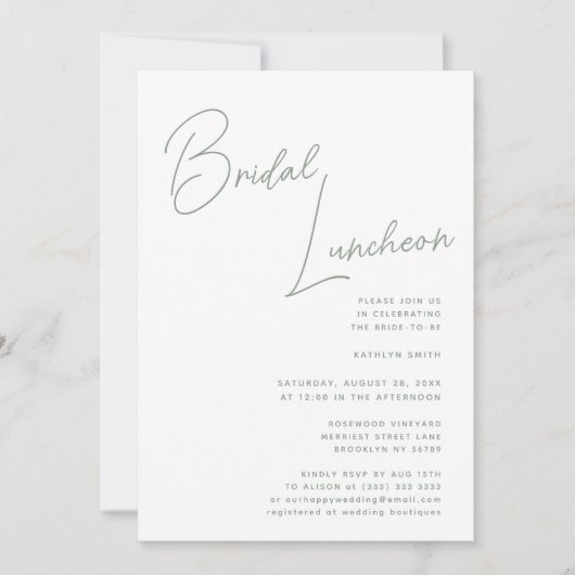 Sage Green Whimsical Script Chic Bridal Luncheon Einladung (Vorderseite)