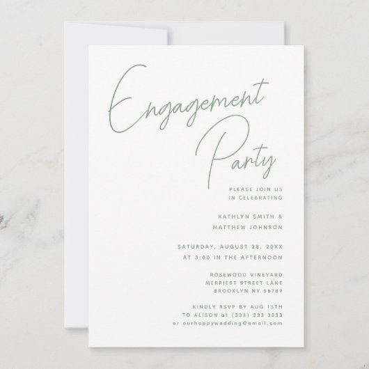 Sage Green Whimsical Script Chic Engagement Party Einladung (Vorderseite)