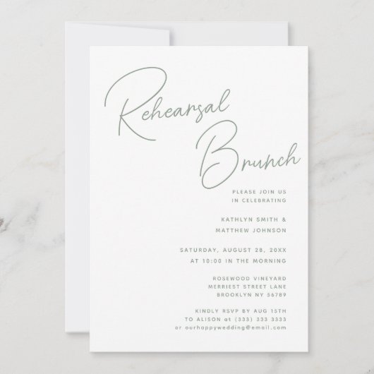 Sage Green Whimsical Script Chic Probe Brunch Einladung (Vorderseite)