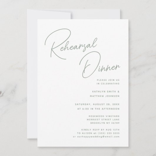 Sage Green Whimsical Script Chic Probe Dinner Einladung (Vorderseite)