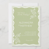 Sage Green Whimsical Wavy Border Wedding Einladung (Vorderseite)