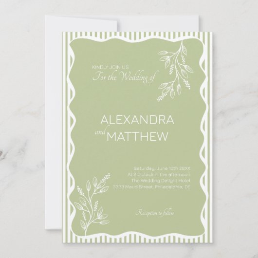 Sage Green Whimsical Wavy Border Wedding Einladung (Vorderseite)