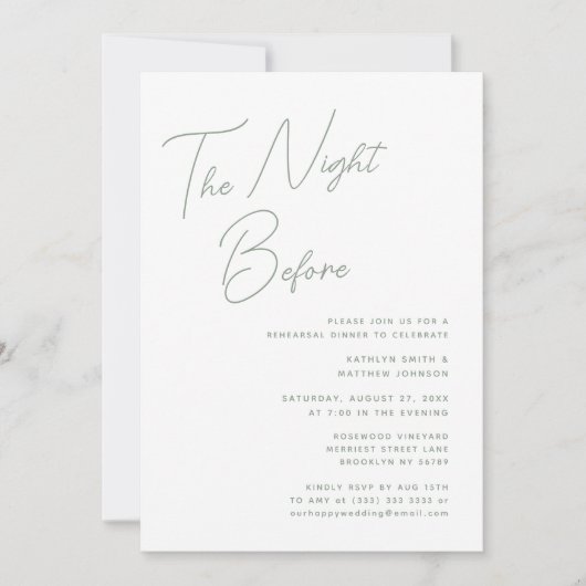 Sage Green Whimsiscript Chic The Night Before Einladung (Vorderseite)