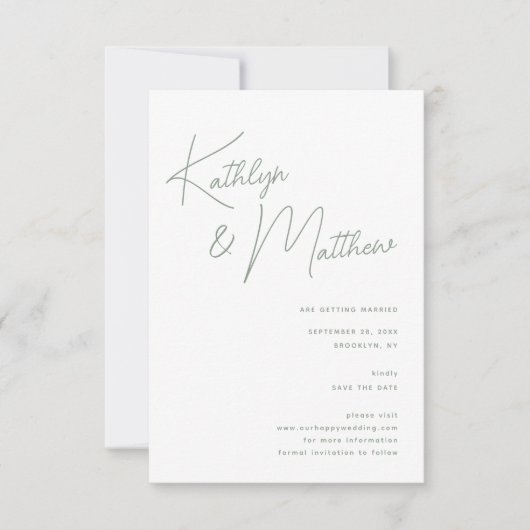 Sage Green Whimsiscript Minimalistisch Modern Save The Date (Vorderseite)