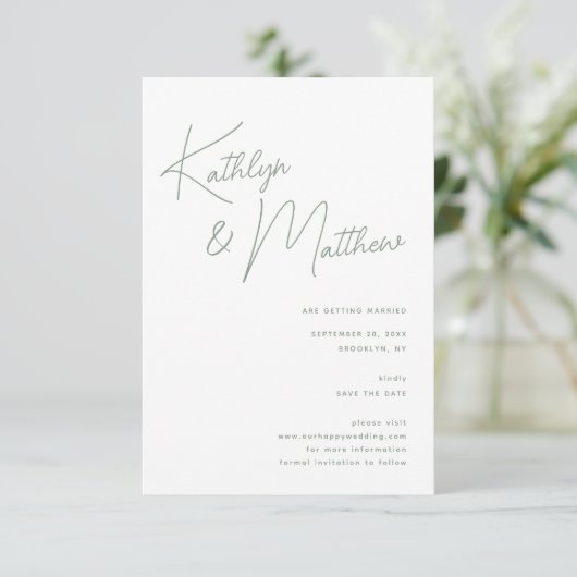 Sage Green Whimsiscript Minimalistisch Modern Save The Date (Stehend Vorderseite)