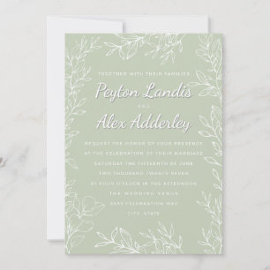 Sage Green White Botanical Line Art Blätter Hochze Einladung