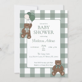 Sage Green White Bows and Teddy Bears Baby Shower Einladung
