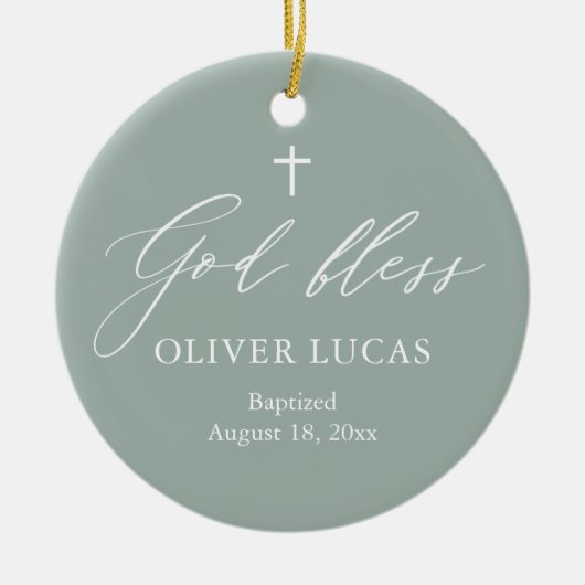 Sage Green White Cross Foto Boy Taufe Ornament (Vorne)